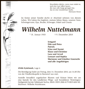 Traueranzeige von Wilhelm Nuttelmann von SYK