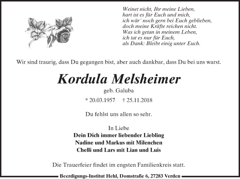  Traueranzeige für Kordula Melsheimer vom 04.12.2018 aus SYK