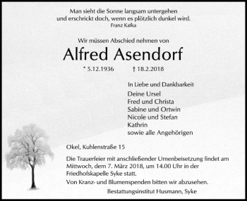 Traueranzeige von Alfred Asendorf von SYK