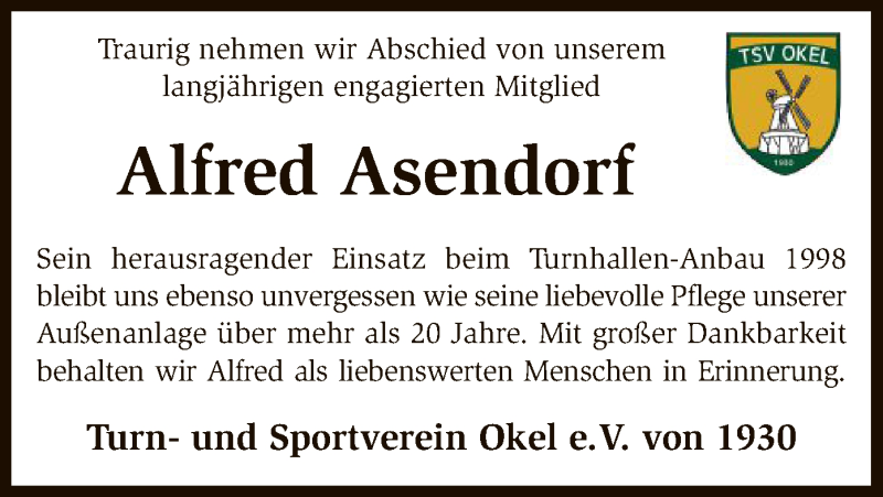  Traueranzeige für Alfred Asendorf vom 22.02.2018 aus SYK