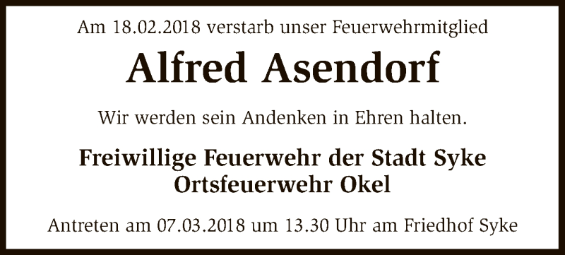  Traueranzeige für Alfred Asendorf vom 22.02.2018 aus SYK