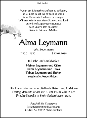 Traueranzeige von Alma Leymann von SYK