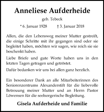 Traueranzeige von Anneliese Aufderheide von SYK