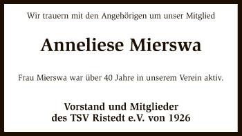 Traueranzeige von Anneliese Mierswa von SYK