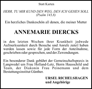 Traueranzeige von Annemarie Diercks von SYK