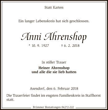 Traueranzeige von Anni Ahrenshop von SYK