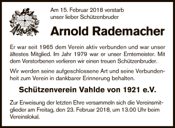 Traueranzeige von Arnold Rademacher von SYK