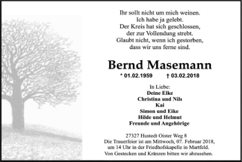 Traueranzeige von Bernd Masemann von SYK