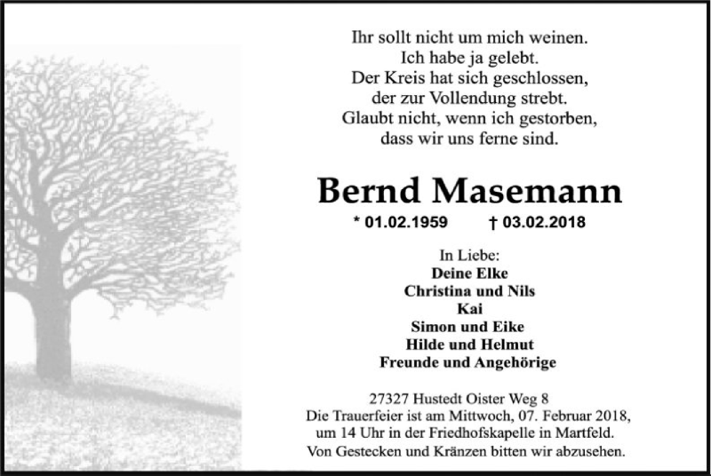  Traueranzeige für Bernd Masemann vom 05.02.2018 aus SYK