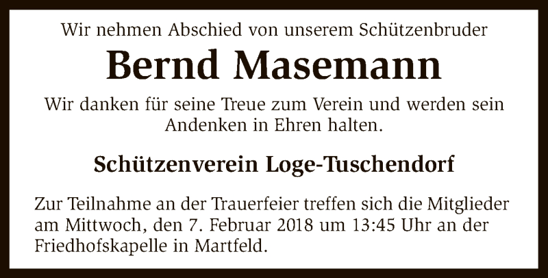  Traueranzeige für Bernd Masemann vom 05.02.2018 aus SYK