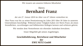 Traueranzeige von Bernhard Franz von SYK