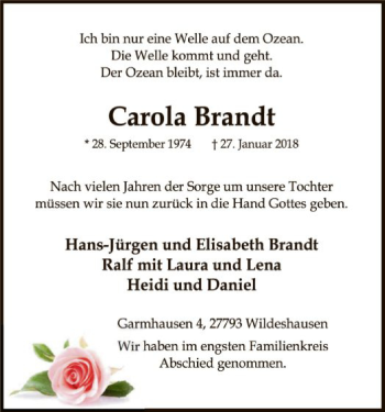 Traueranzeige von Carola Brandt von SYK