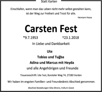 Traueranzeige von Carsten Fest von SYK