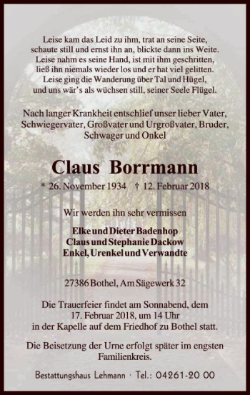 Traueranzeige von Claus Borrmann von SYK