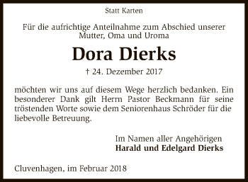 Traueranzeige von Dora Dierks von SYK