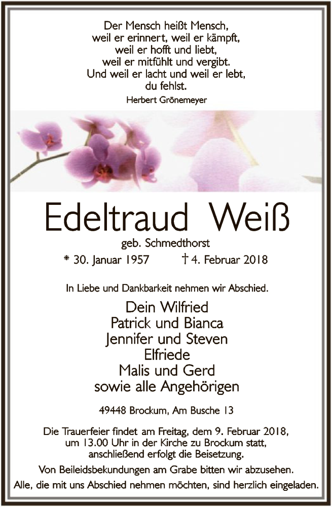  Traueranzeige für Edeltraud Weiß vom 06.02.2018 aus SYK