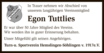 Traueranzeige von Egon Tuttlies von SYK