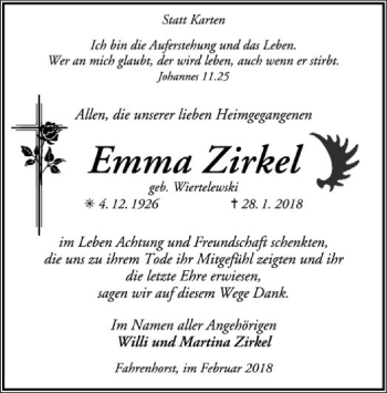 Traueranzeige von Emma Zirkel von SYK