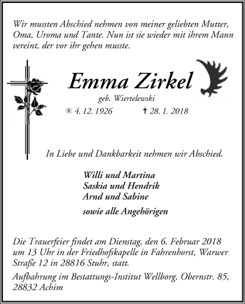 Traueranzeige von Emma Zirkel von SYK