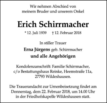 Traueranzeige von Erich Schirrmacher von SYK