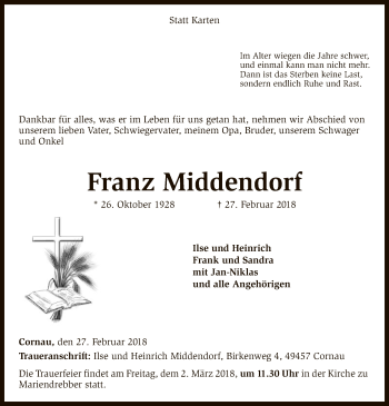 Traueranzeige von Franz Middendorf von SYK