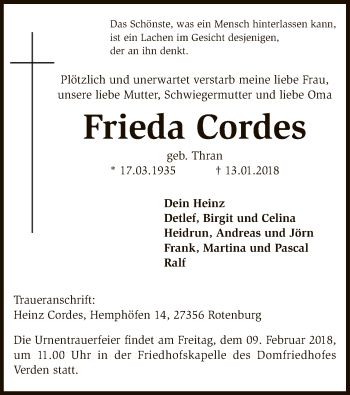 Traueranzeige von Frieda Cordes von SYK