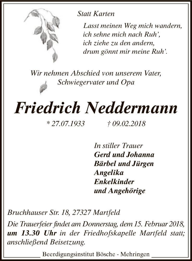  Traueranzeige für Friedrich Neddermann vom 13.02.2018 aus SYK