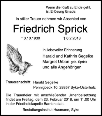 Traueranzeige von Friedrich Sprick von SYK