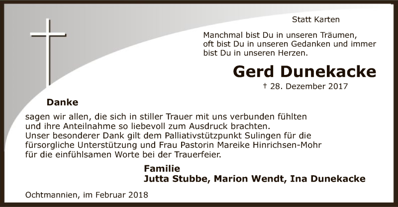  Traueranzeige für Gerd Dunekacke vom 17.02.2018 aus SYK