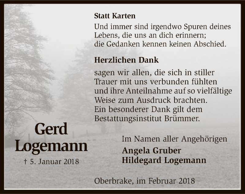  Traueranzeige für Gerd Logemann vom 10.02.2018 aus SYK