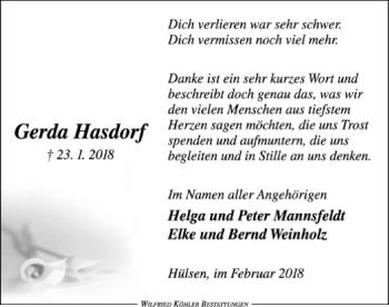 Traueranzeige von Gerda Hasdorf von SYK