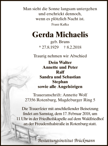 Traueranzeige von Gerda Michaelis von SYK