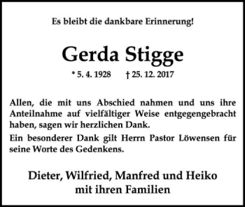 Traueranzeige von Gerda Stigge von SYK