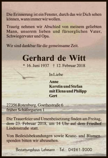 Traueranzeige von Gerhard de Witt von SYK