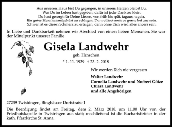 Traueranzeige von Gisela Landwehr von SYK