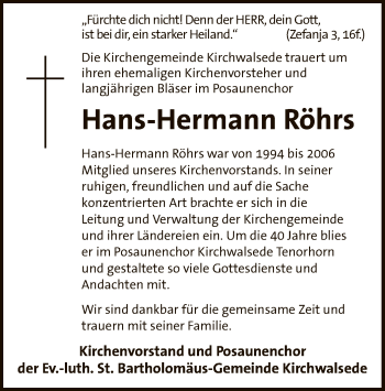 Traueranzeige von Hans-Hermann Röhrs von SYK