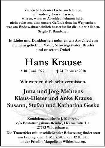 Traueranzeige von Hans Krause von SYK