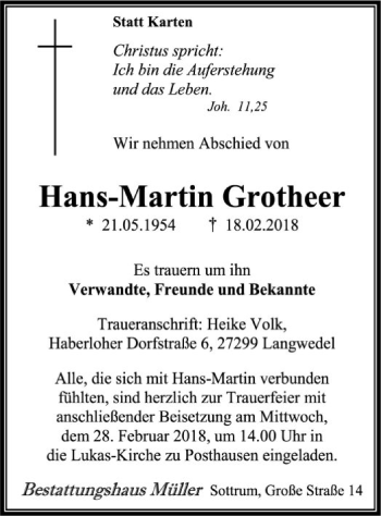 Traueranzeige von Hans-Martin Grotheer von SYK