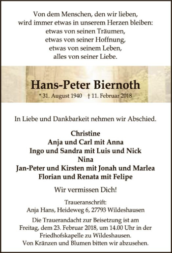 Traueranzeige von Hans-Peter Biernoth von SYK