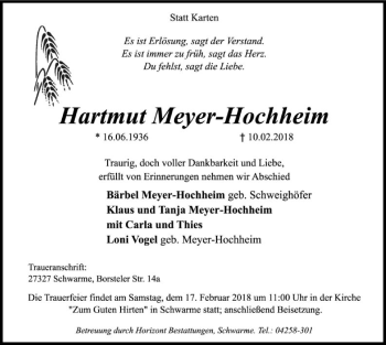 Traueranzeige von Hartmut Meyer-Hochheim von SYK