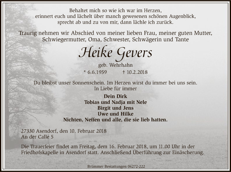 Traueranzeige für Heike Gevers vom 13.02.2018 aus SYK