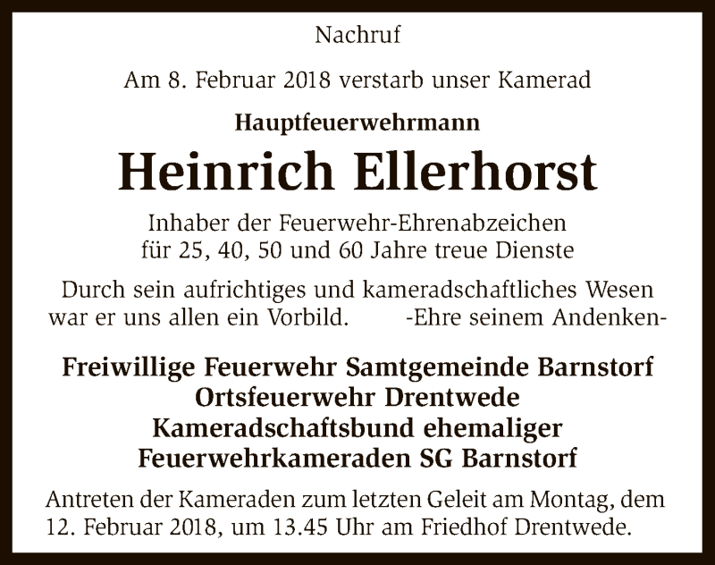  Traueranzeige für Heinrich Ellerhorst vom 10.02.2018 aus SYK