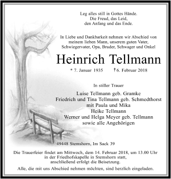 Traueranzeige von Heinrich Tellmann von SYK