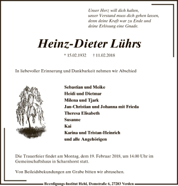 Traueranzeige von Heinz-Dieter Lührs von SYK