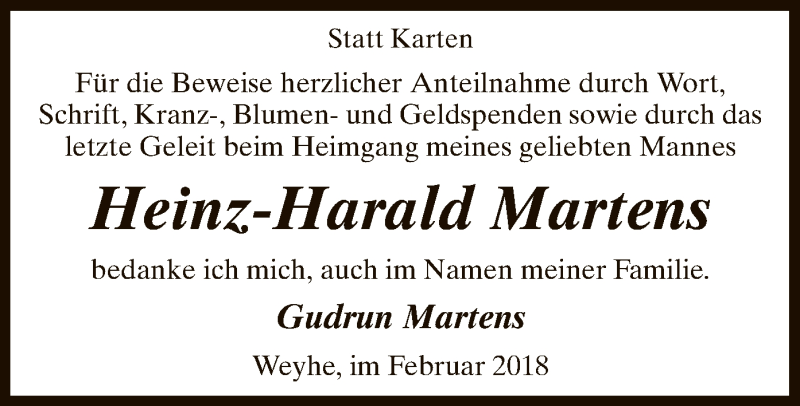  Traueranzeige für Heinz-Harald Martens vom 03.02.2018 aus SYK