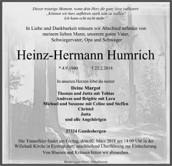 Traueranzeige von Heinz-Hermann Humrich von SYK