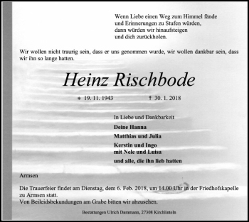 Traueranzeige von Heinz Rischbode von SYK