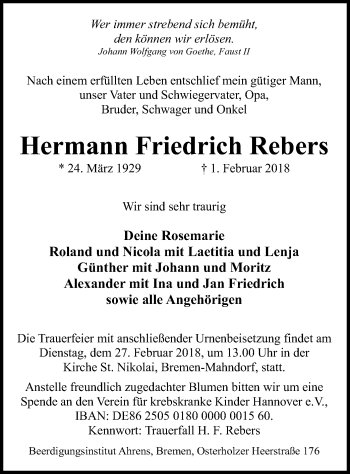 Traueranzeige von Hermann Friedrich Rebers von SYK