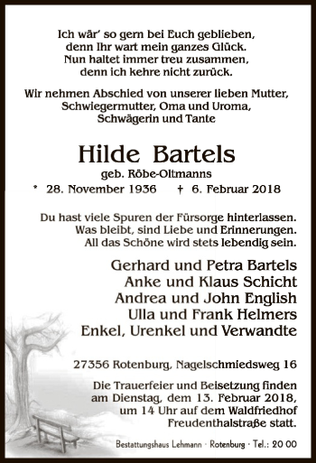 Traueranzeige von Hilde Bartels von SYK