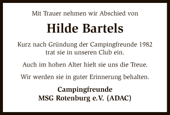 Traueranzeige von Hilde Bartels von SYK